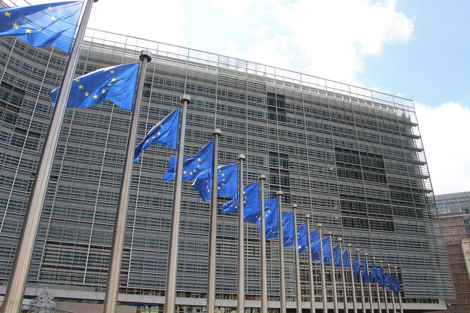 European flags outside the Berlaymont, headquarters of the European Commission, in Brussels